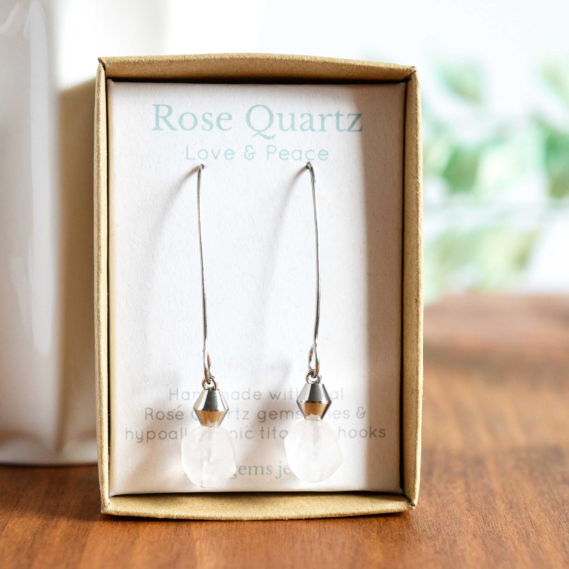 Rose Quartz for love and peace gemstone drop earrings in eco friendly gift box.