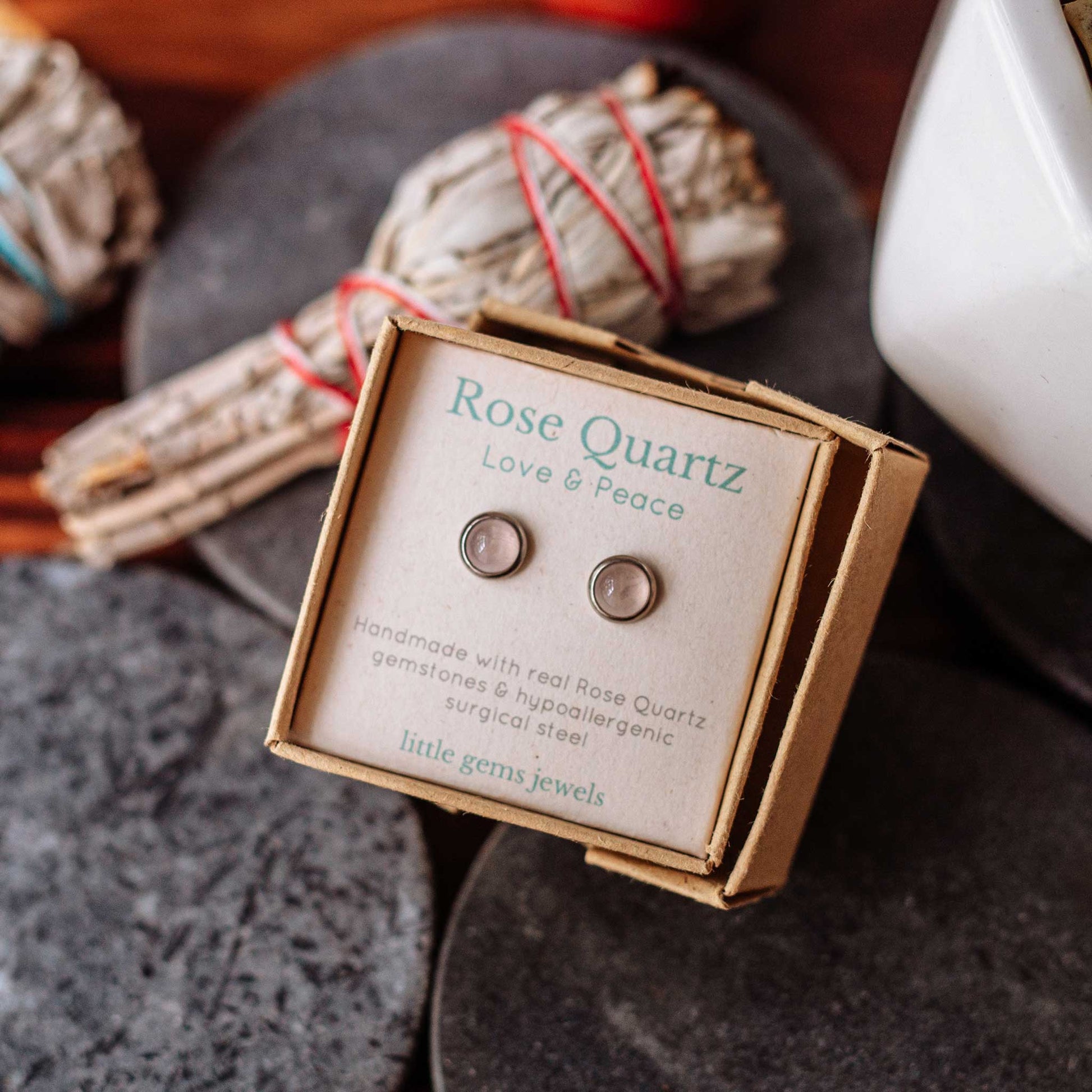 Rose Quartz for self love and inner peace gemstone stud earrings in eco friendly gift box