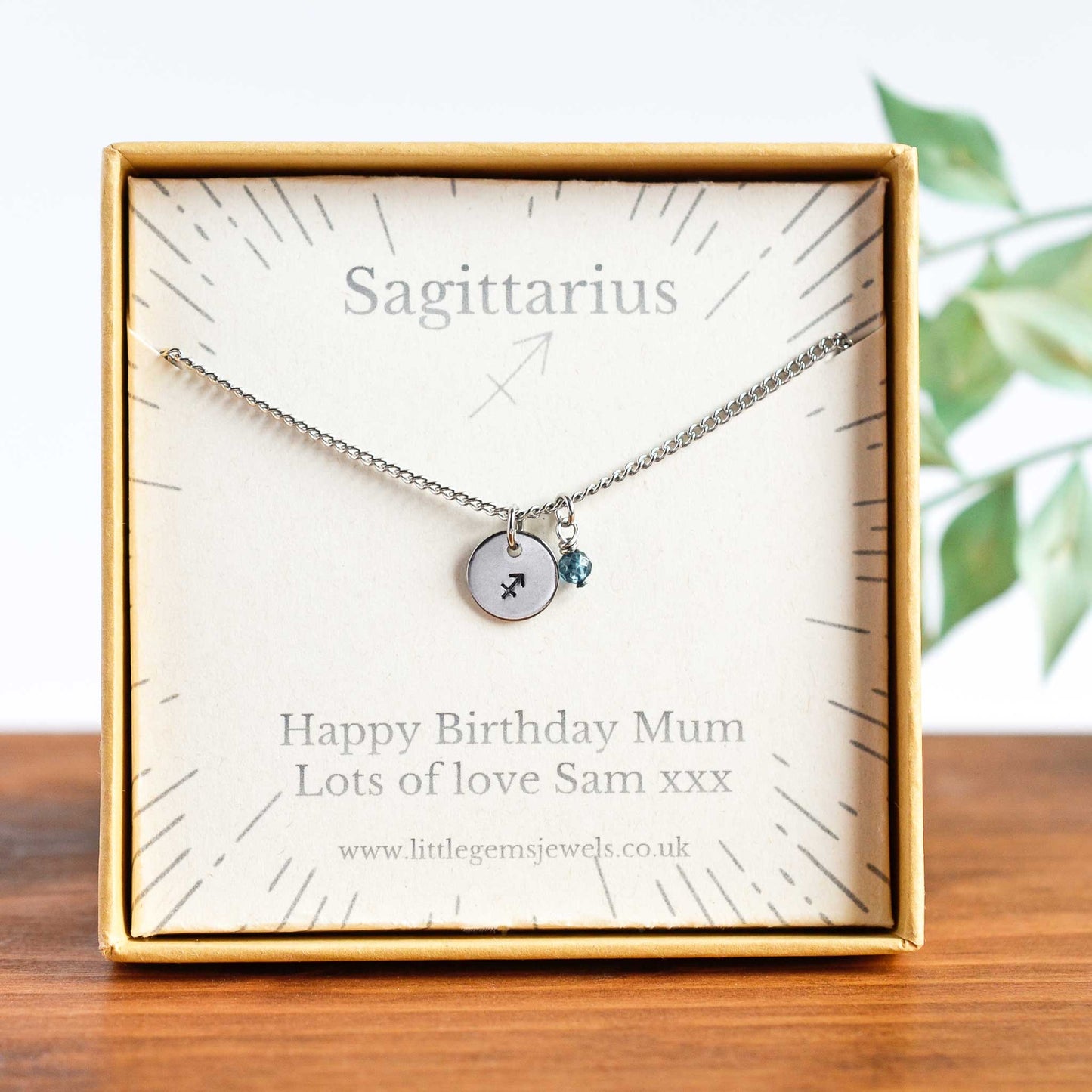 Sagittarius Zodiac necklace with personalised gift message in eco friendly gift box