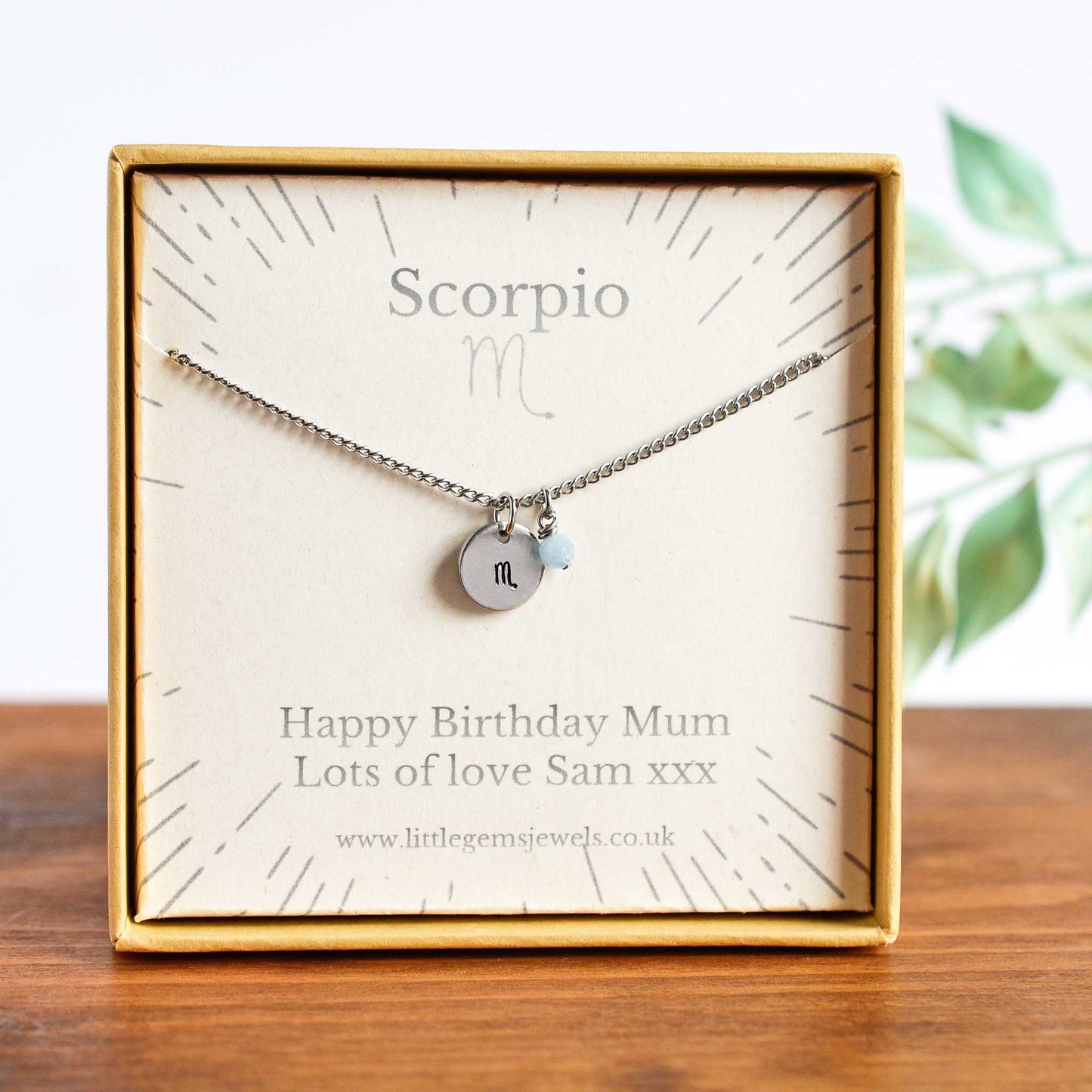 Scorpio Zodiac necklace with personalised gift message in eco friendly gift box