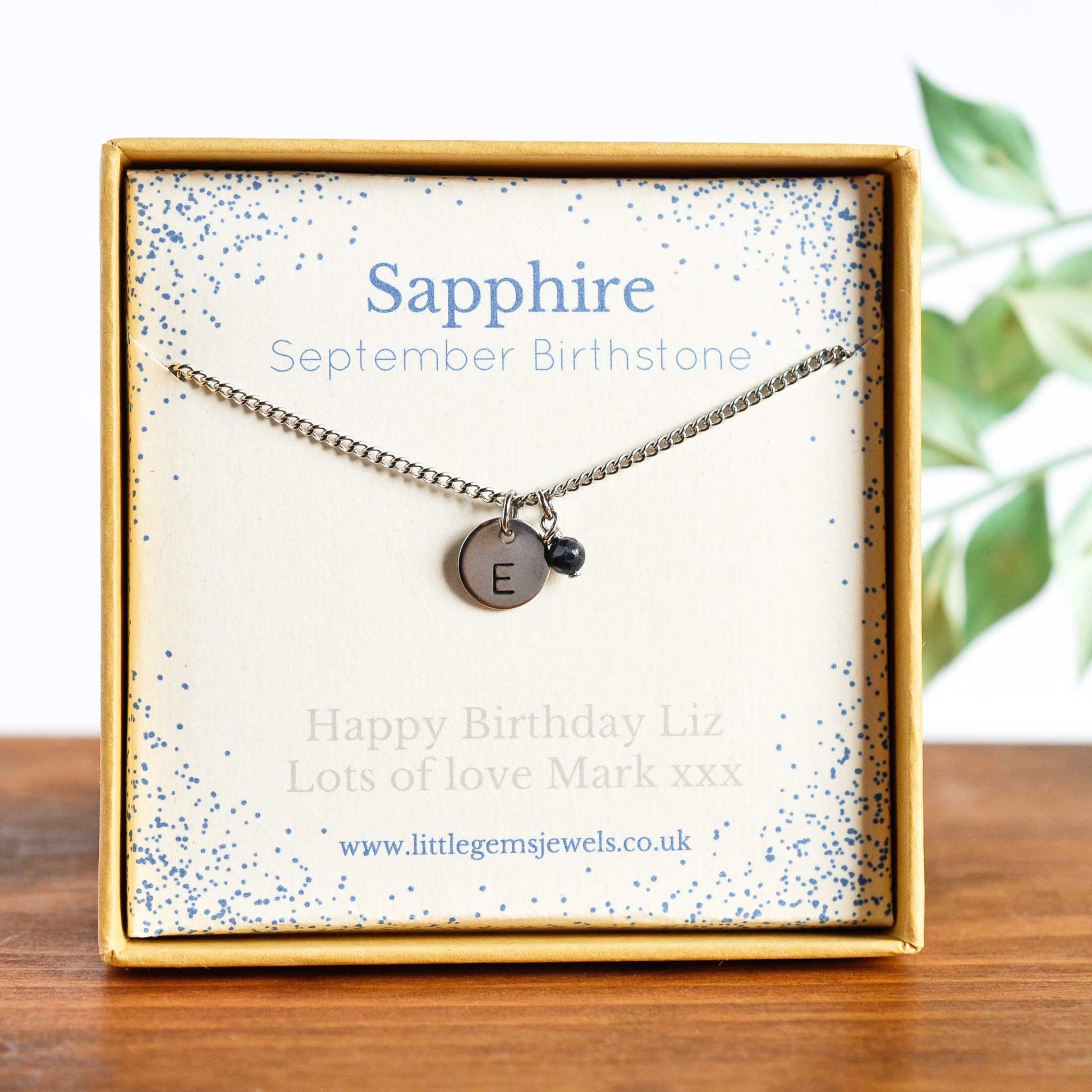 September Birthstone necklace with initial charm & personalised gift message in eco gift box