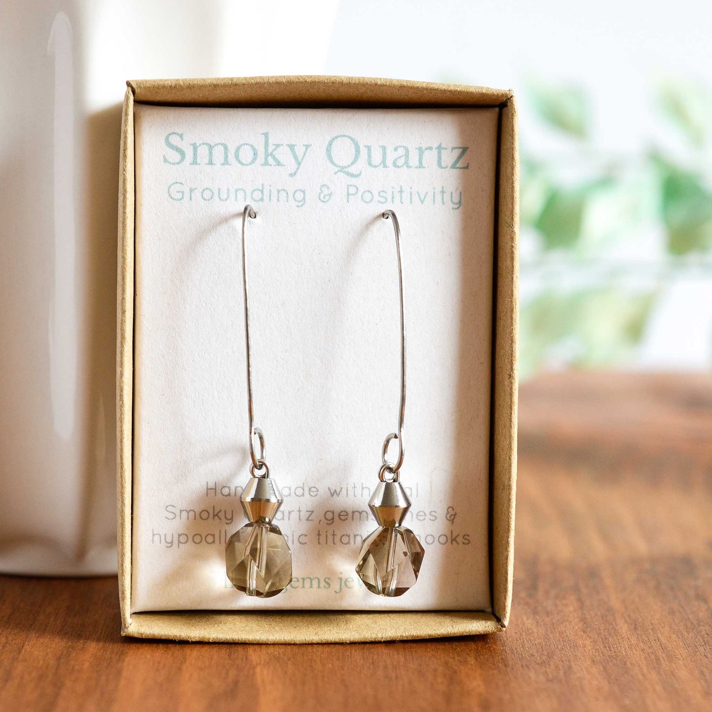 Smoky Quartz crystal for grounding and positivity drop earrings in eco friendly gift box.
