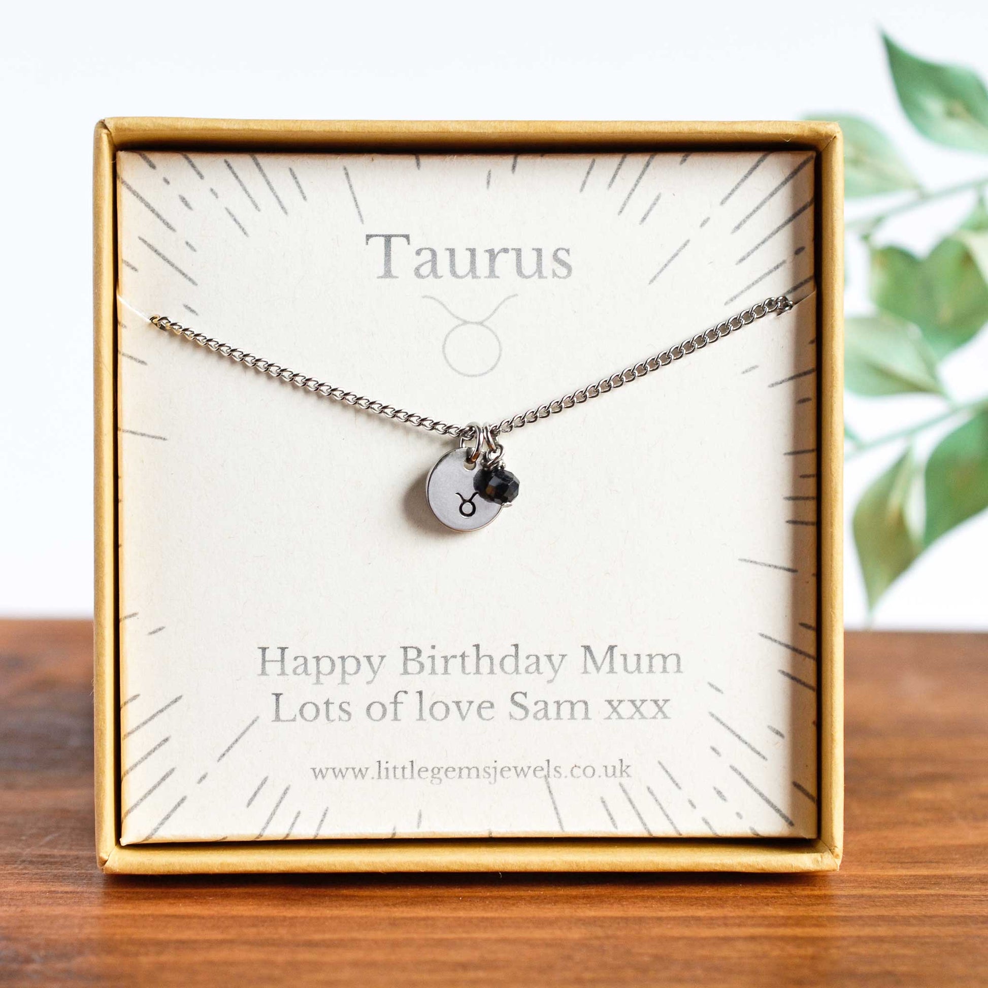 Taurus Zodiac necklace with personalised gift message in eco friendly gift box