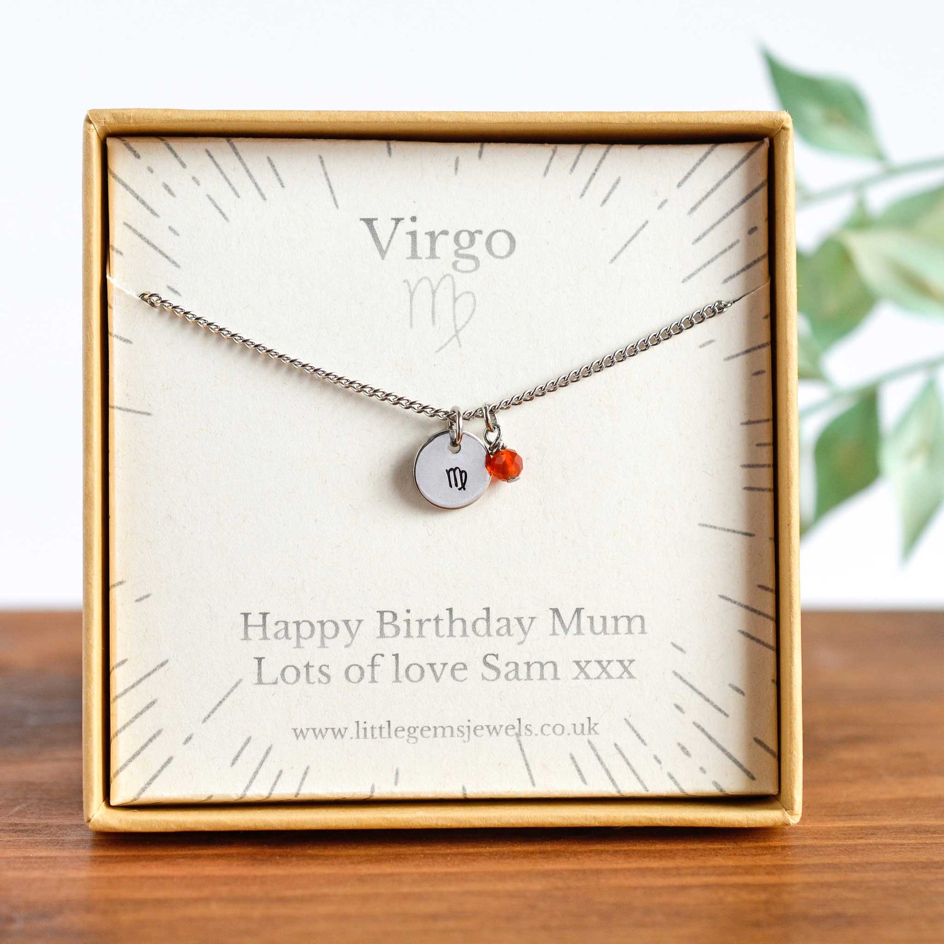 Virgo Zodiac necklace with personalised gift message in eco friendly gift box