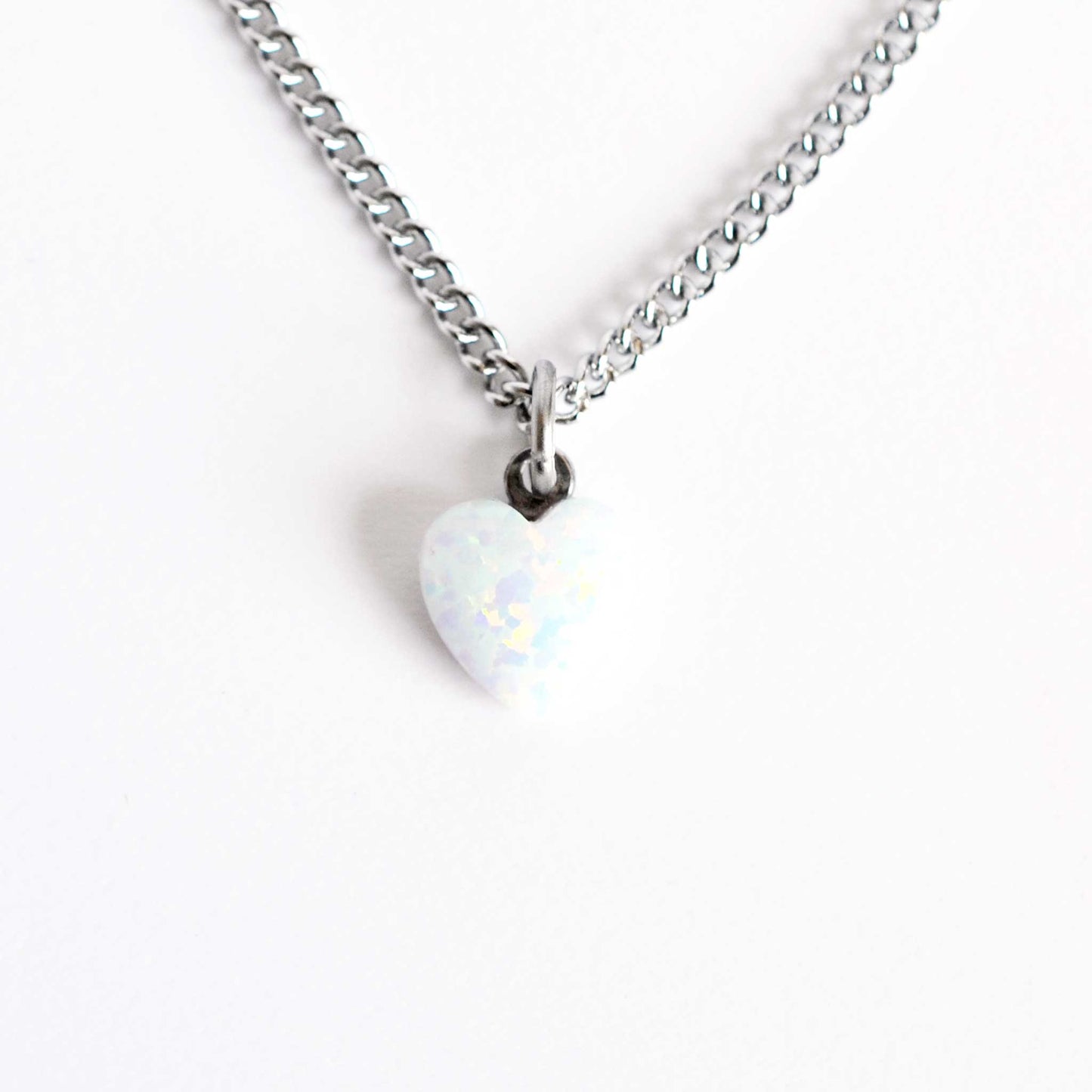 White Opal heart pendant necklace on stainless steel chain